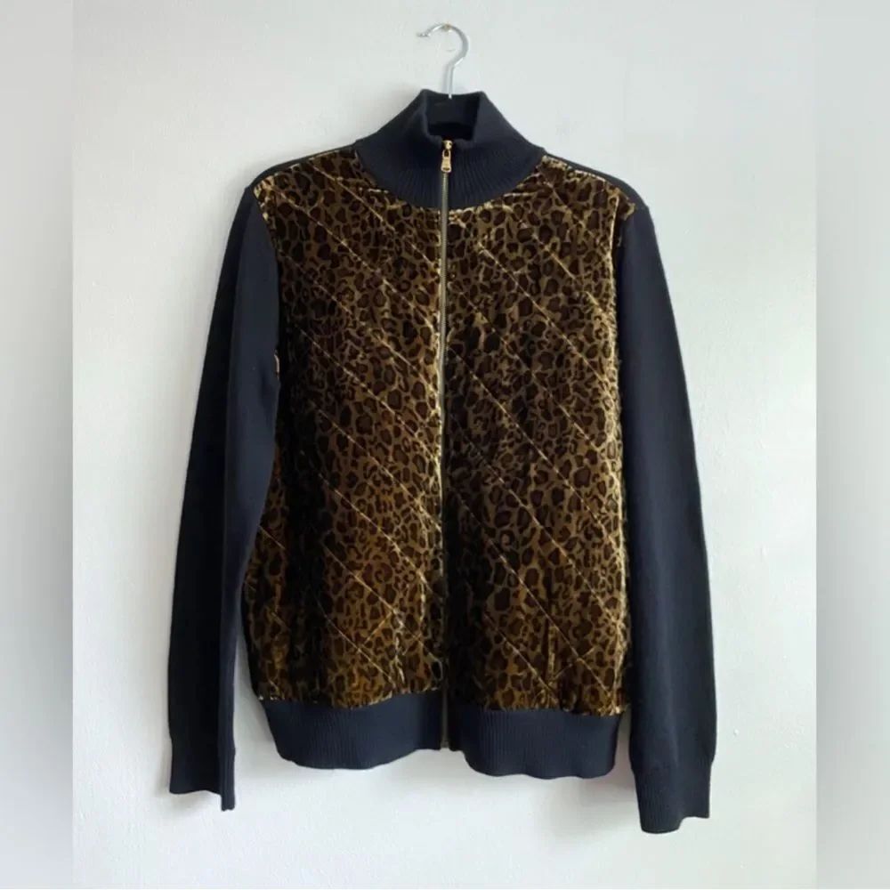 LAUREN RALPH LAUREN Sweater Jacket Leopard Quilted Velvet Sool Silk Blend